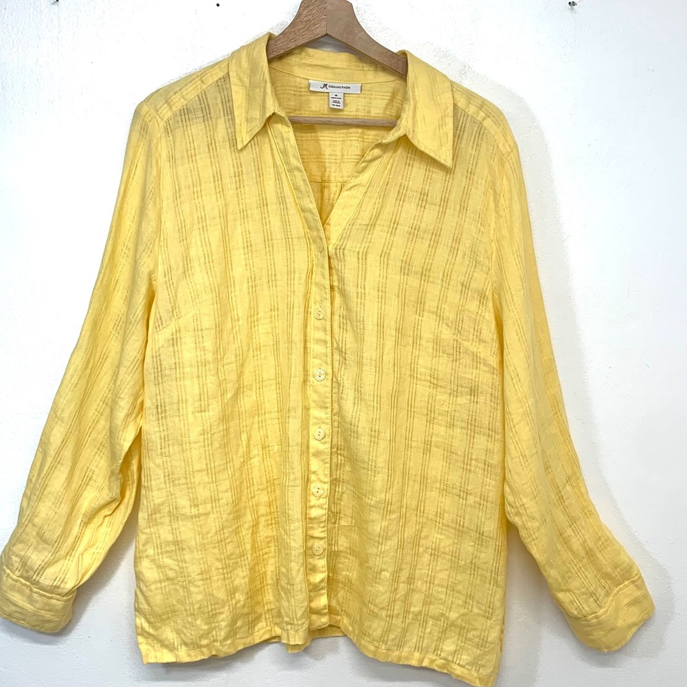 JM Collection Butter Yellow 100% Linen Button Down Blouse Top Women 16 Vacation